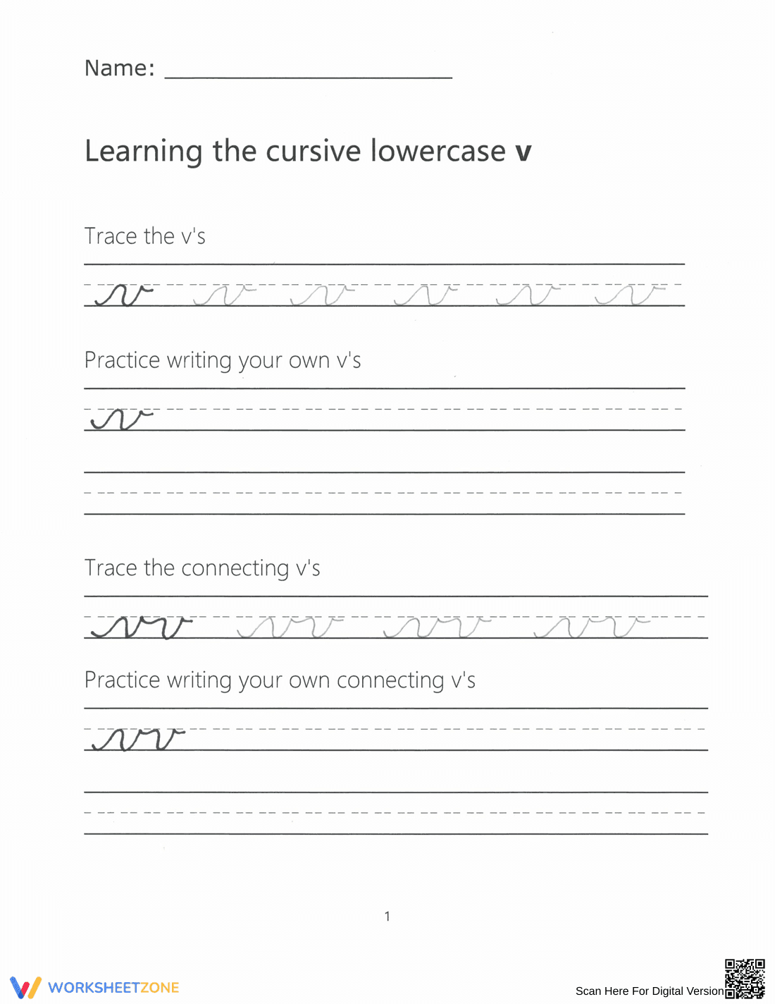 Cursive Lowercase v Worksheet | Grade 3 Essential - Page 1