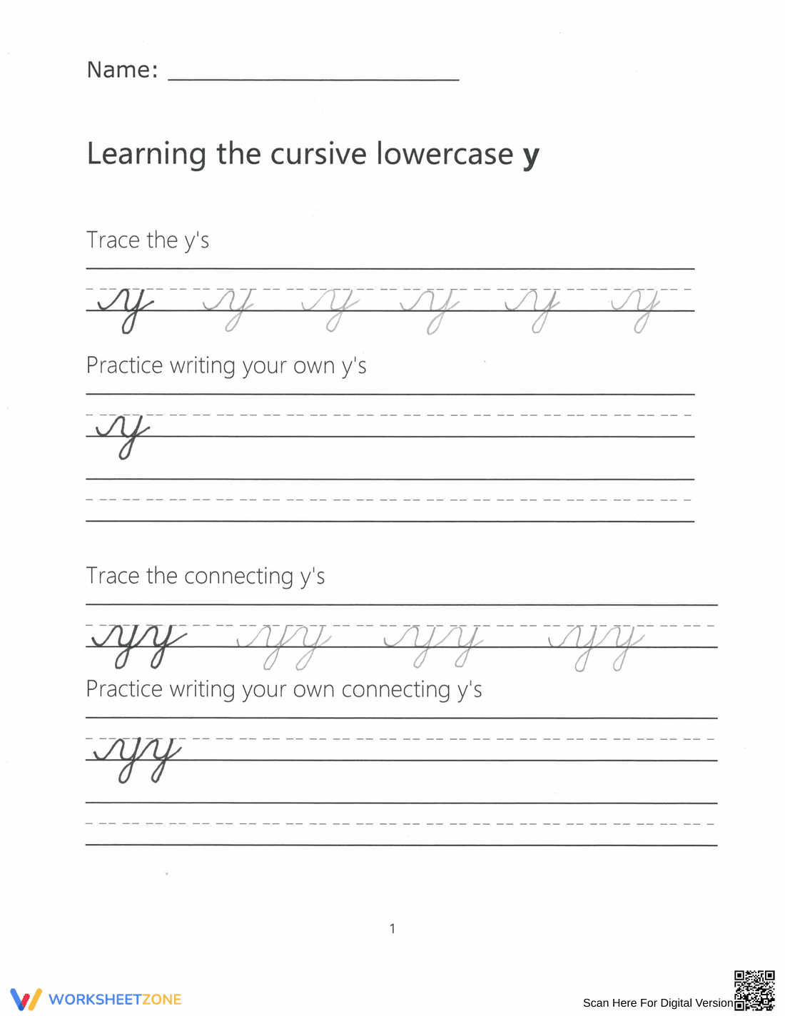 Cursive Lowercase y Worksheet | Grade 3 Printable - Page 1
