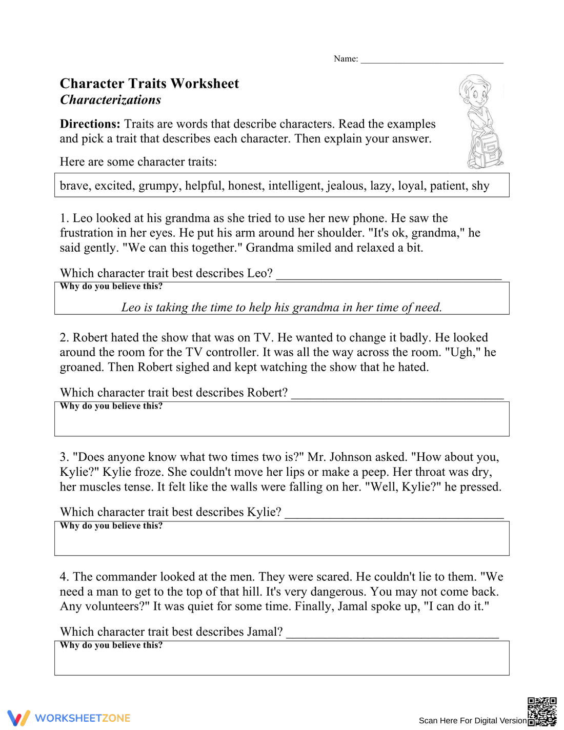 Character Traits Worksheet Characterizations - Page 1