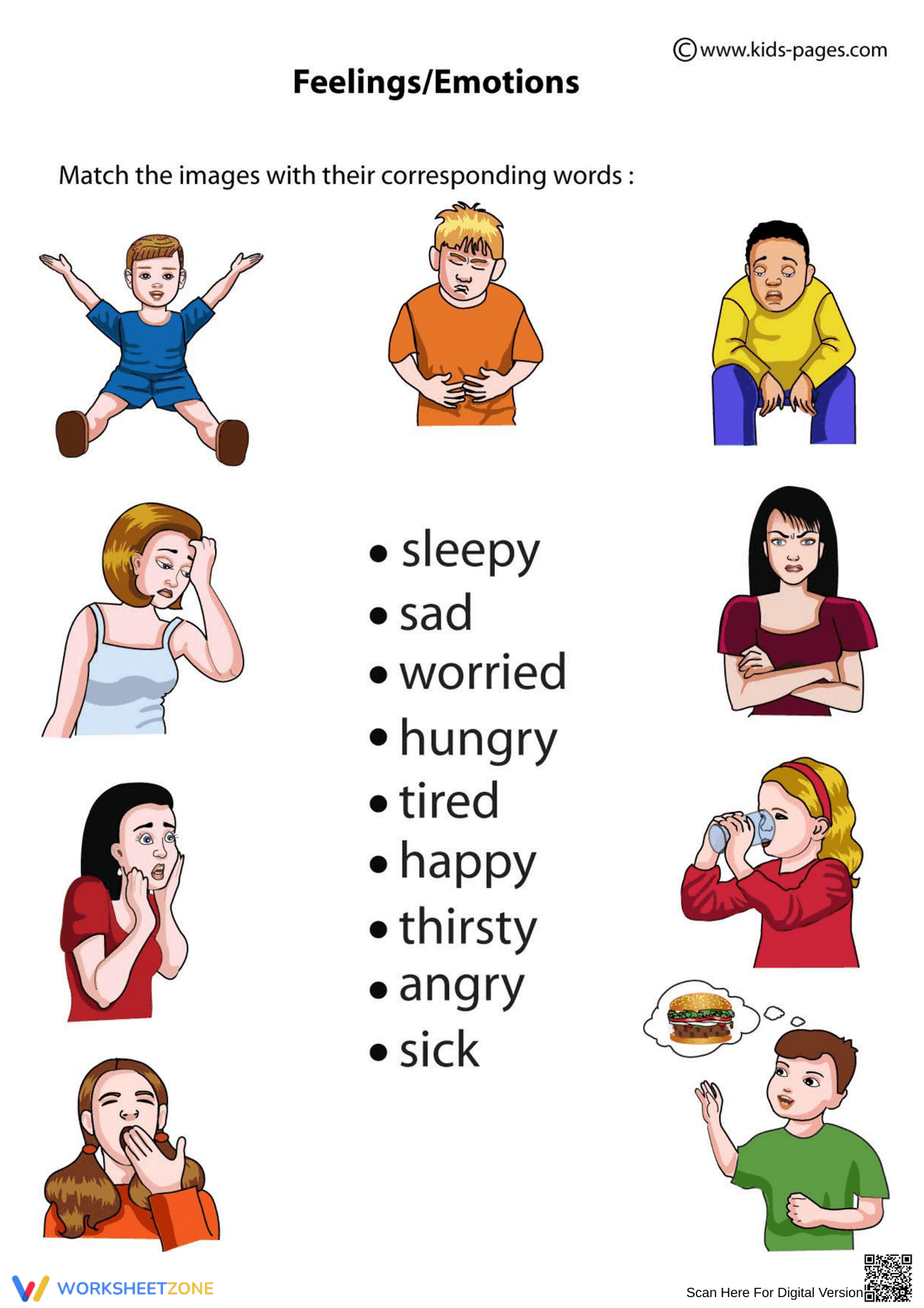 Feelings and Emotions - Match Images to Words - Page 1
