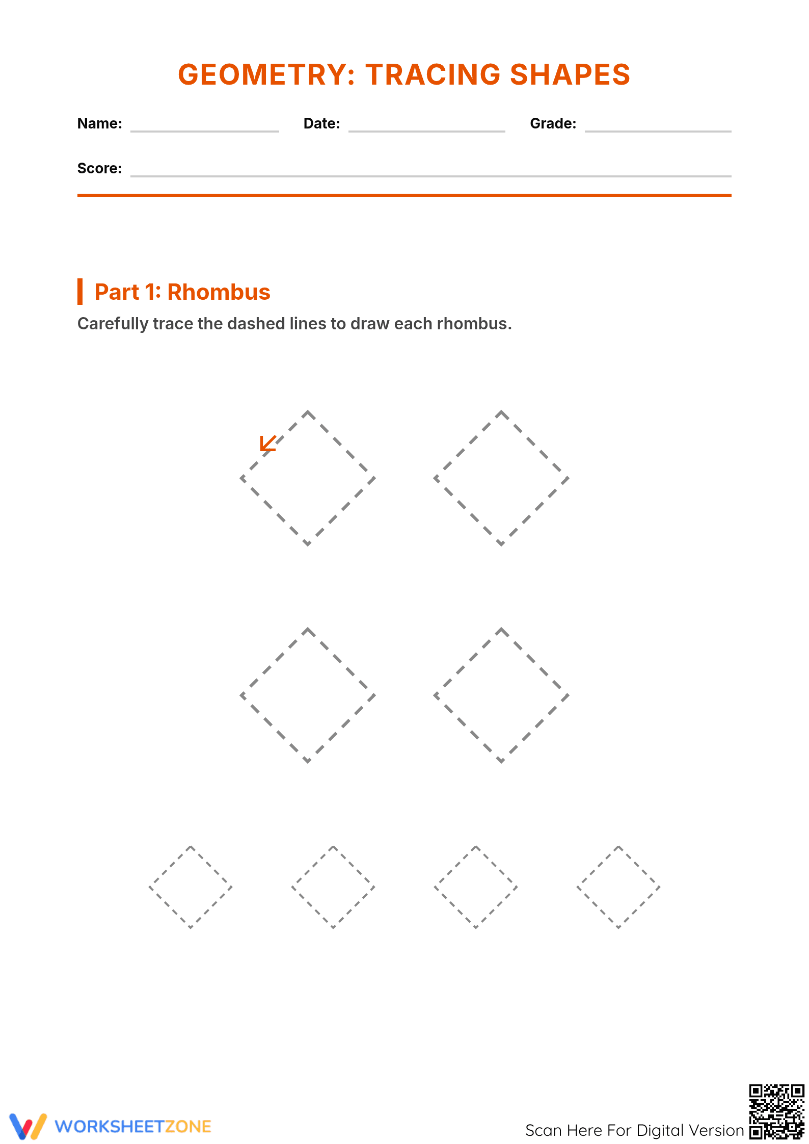 Printable 2D Shape Tracing Worksheet: Rhombus & Trapezoid - Page 1