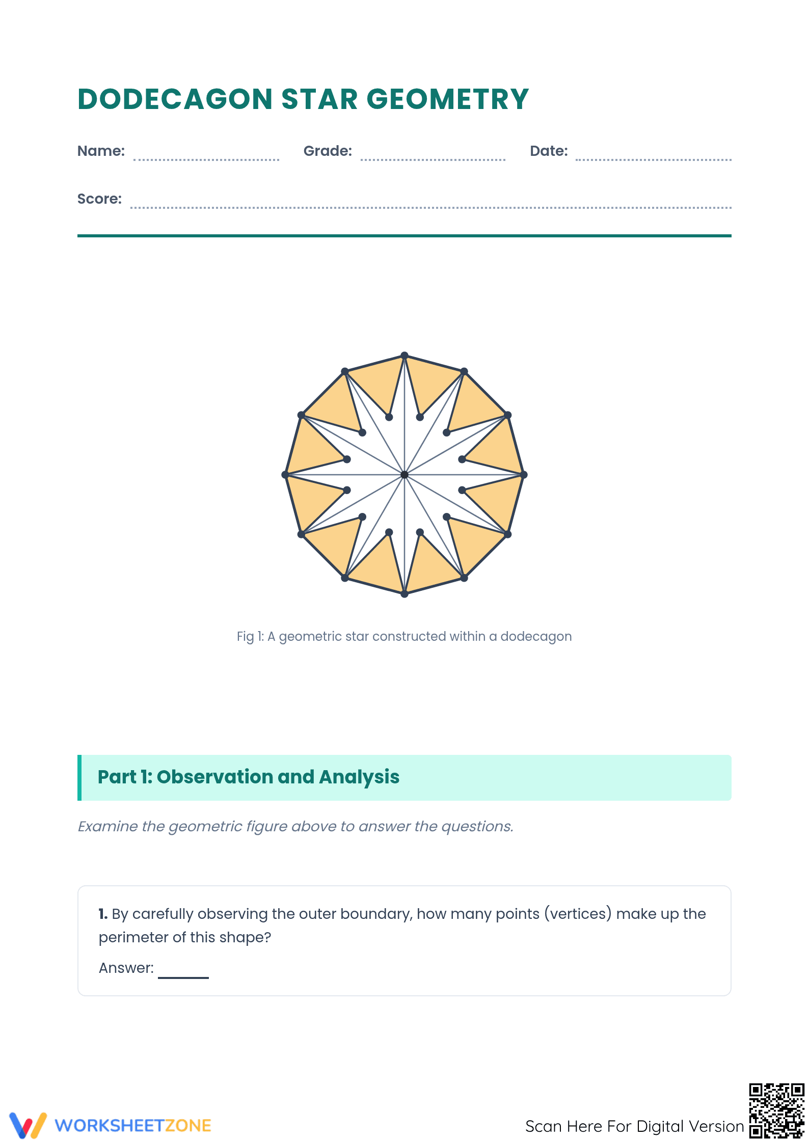 Dodecagon Star Geometry Worksheet | Essential Grade 7-12 - Page 1