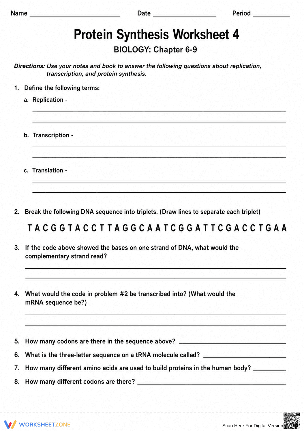 Printable Protein Synthesis Worksheet | HS Biology - Page 1