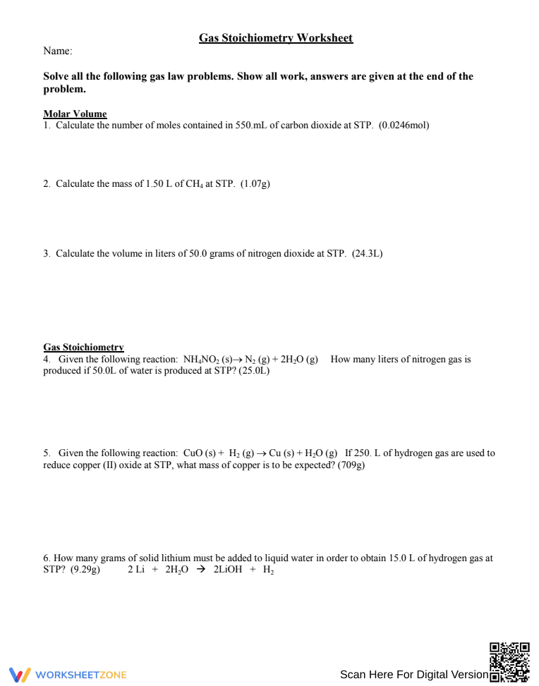 Gas Stoichiometry Worksheet - Page 1