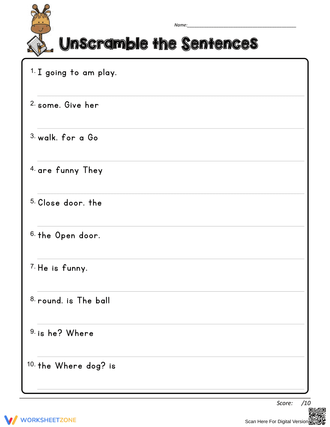 Unscramble Sentences Worksheet | Printable Grade 1 ELA - Page 1
