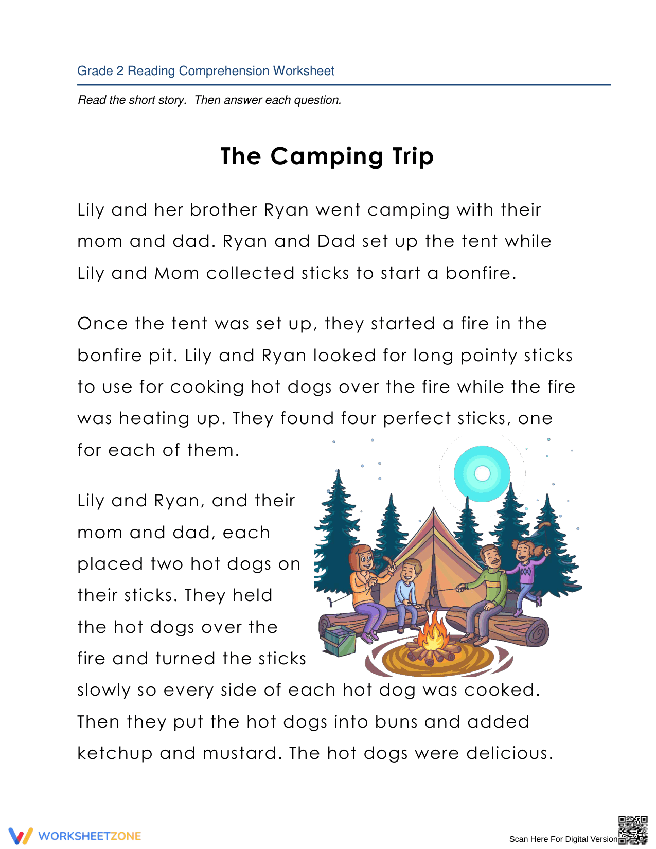 The Camping Trip Reading Comprehension Worksheet - Page 1