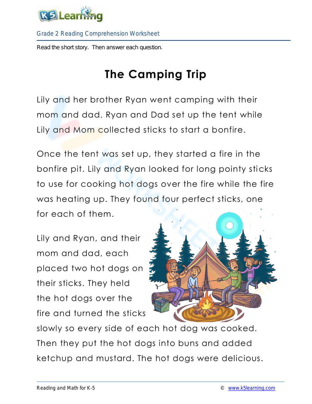 The Camping Trip Reading Comprehension Worksheet - Page 1