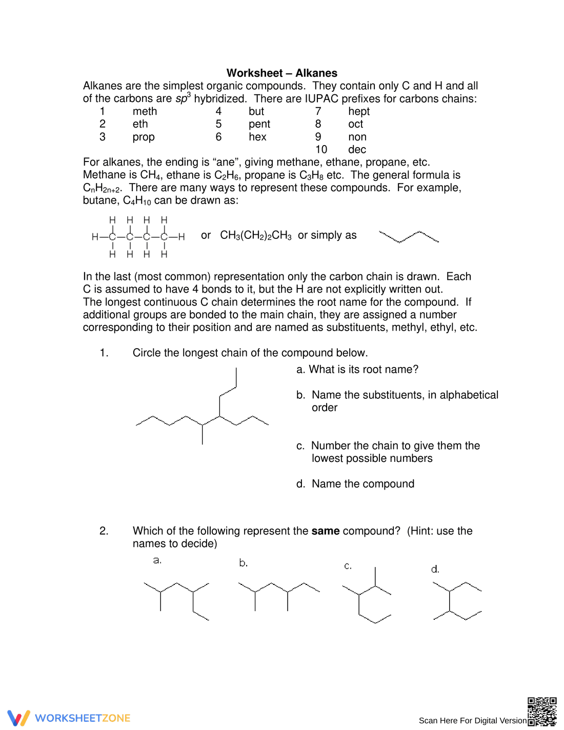Understanding Alkanes: A Chemistry Worksheet - Page 1
