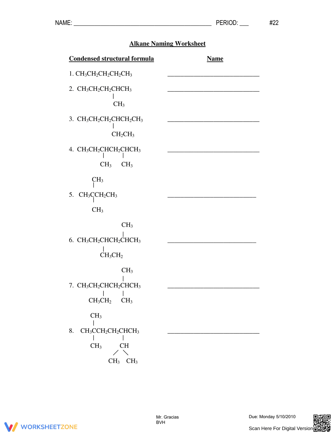 Alkane Naming: A Comprehensive Chemistry Worksheet - Page 1