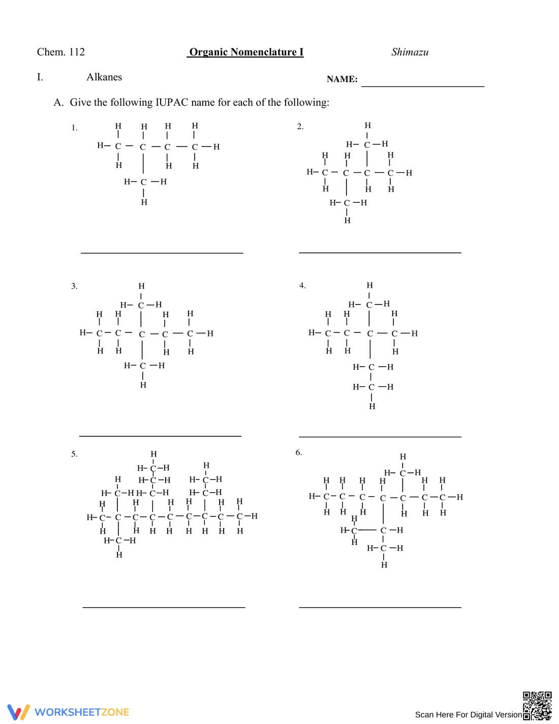 Organic Nomenclature: Practice Problems Worksheet - Page 1