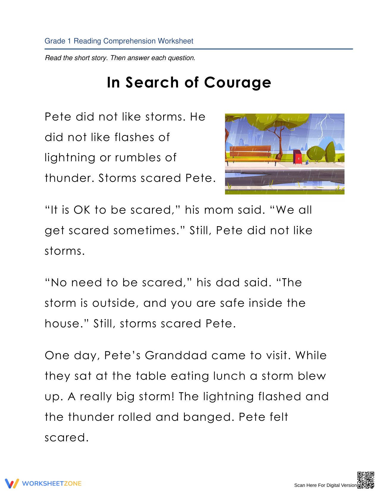 In Search of Courage: Reading Comprehension Worksheet - Page 1