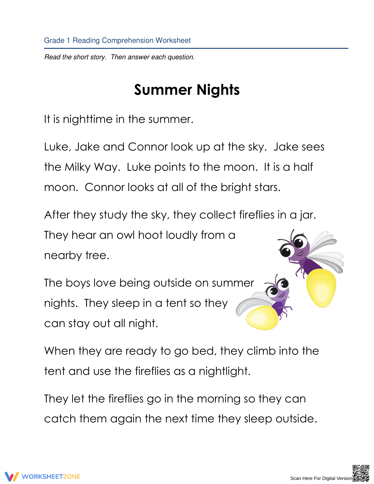 Summer Nights: A Reading Comprehension Worksheet - Page 1