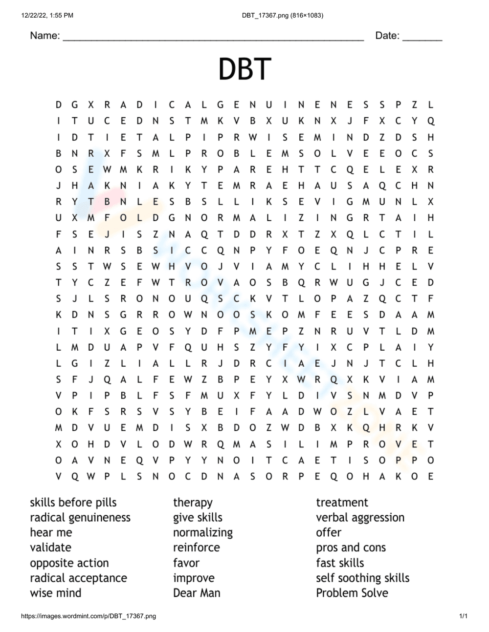 DBT Word Search: Mental Health Vocabulary Fun - Page 1
