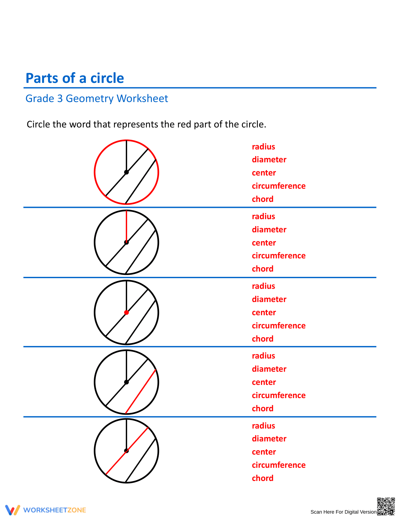 Parts of a Circle: Geometry Worksheet for Students - Page 1