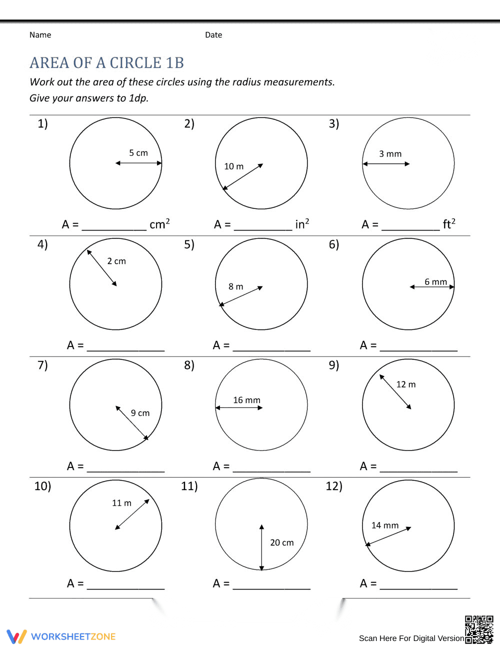 Practice Calculating Area of Circle - Page 1