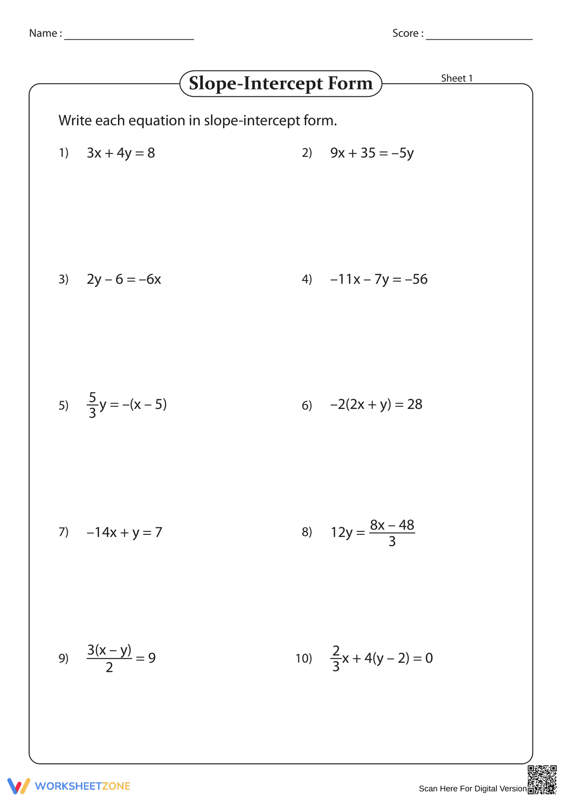 Exercises on Slope-Intercept Form - Page 1