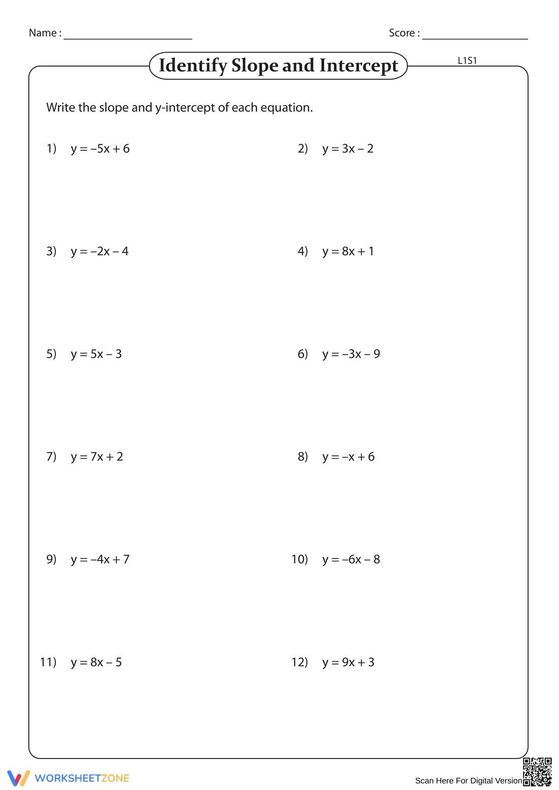 Find Slope & Y-Intercept Worksheet - Page 1