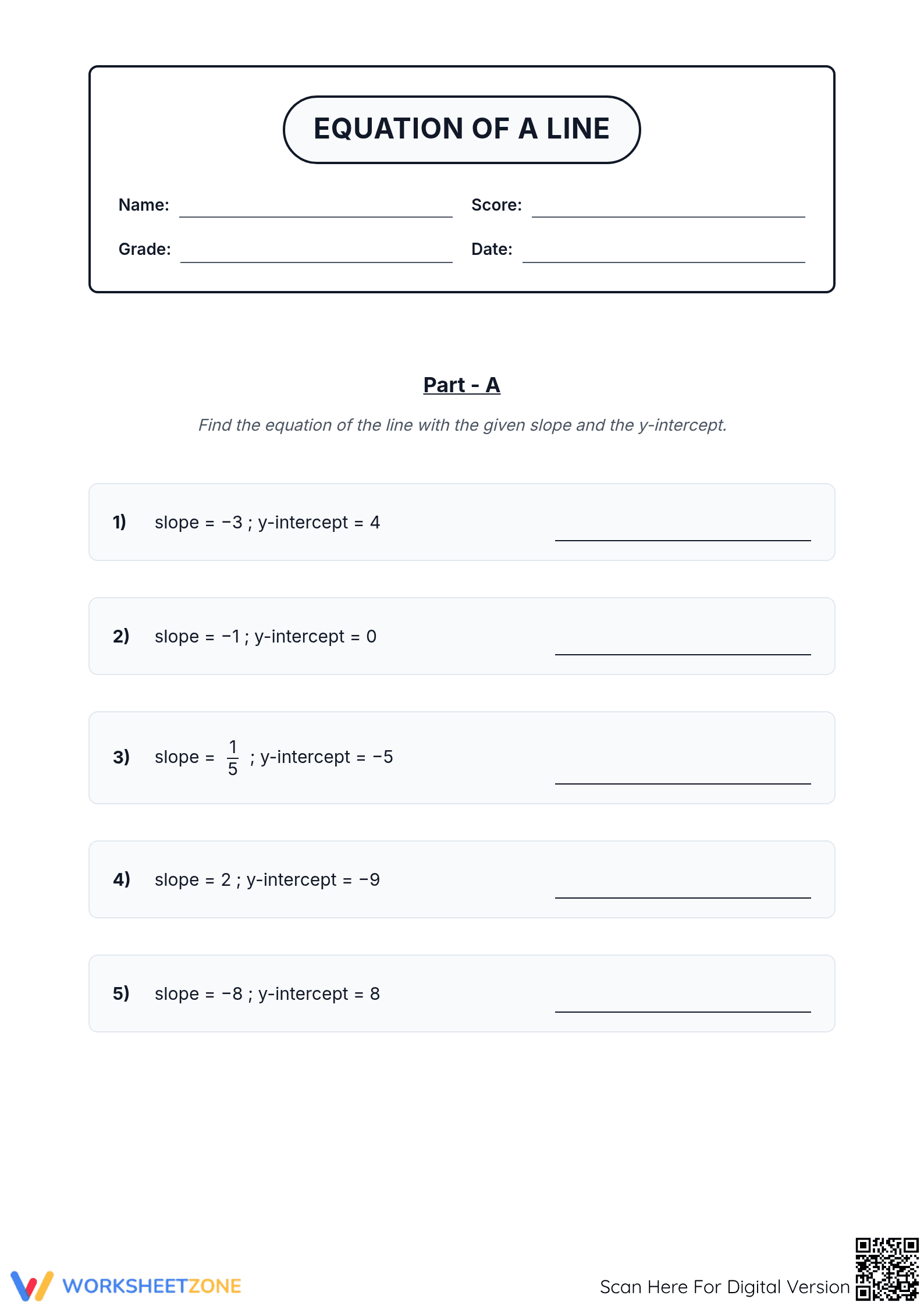 Printable Equation of a Line Worksheet | Grade 10-12 Math - Page 1