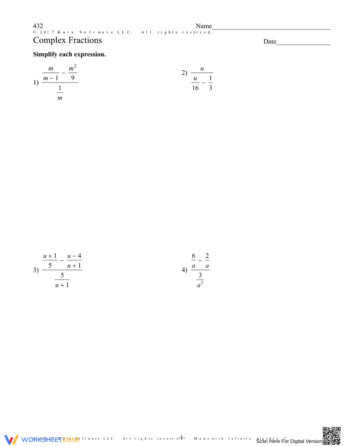 Simplify Complex Fractions Worksheet - Page 1