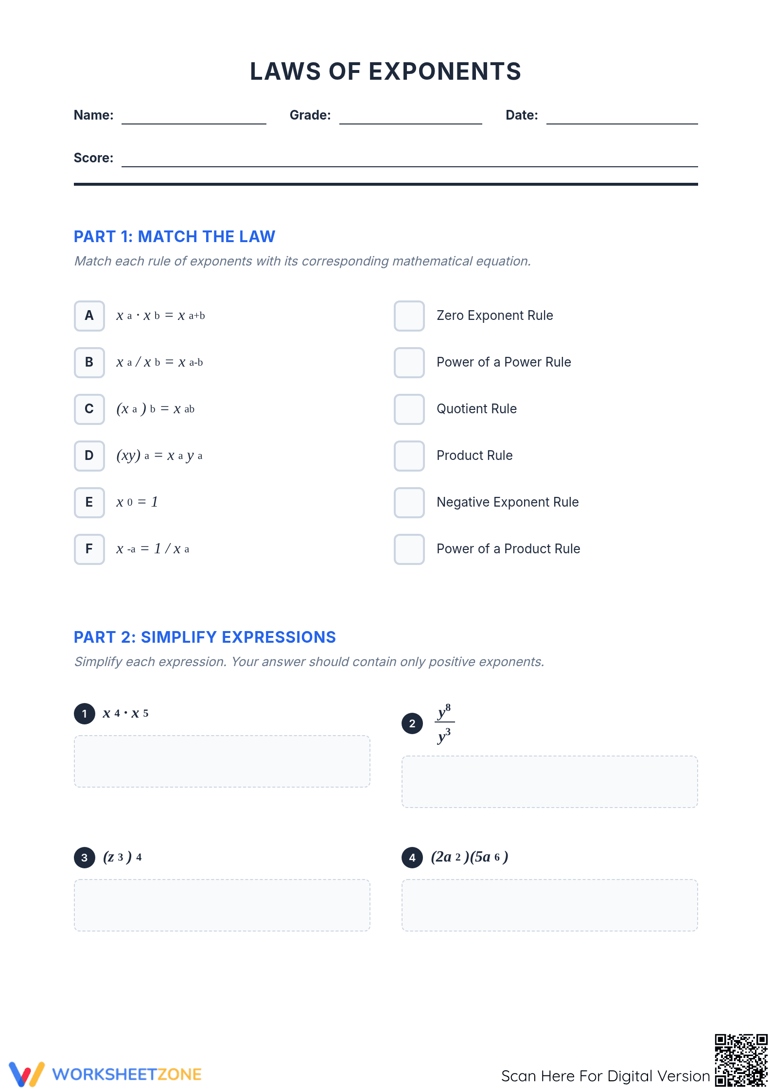 Printable Laws of Exponents Worksheet | Grade 9 Aligned - Page 1