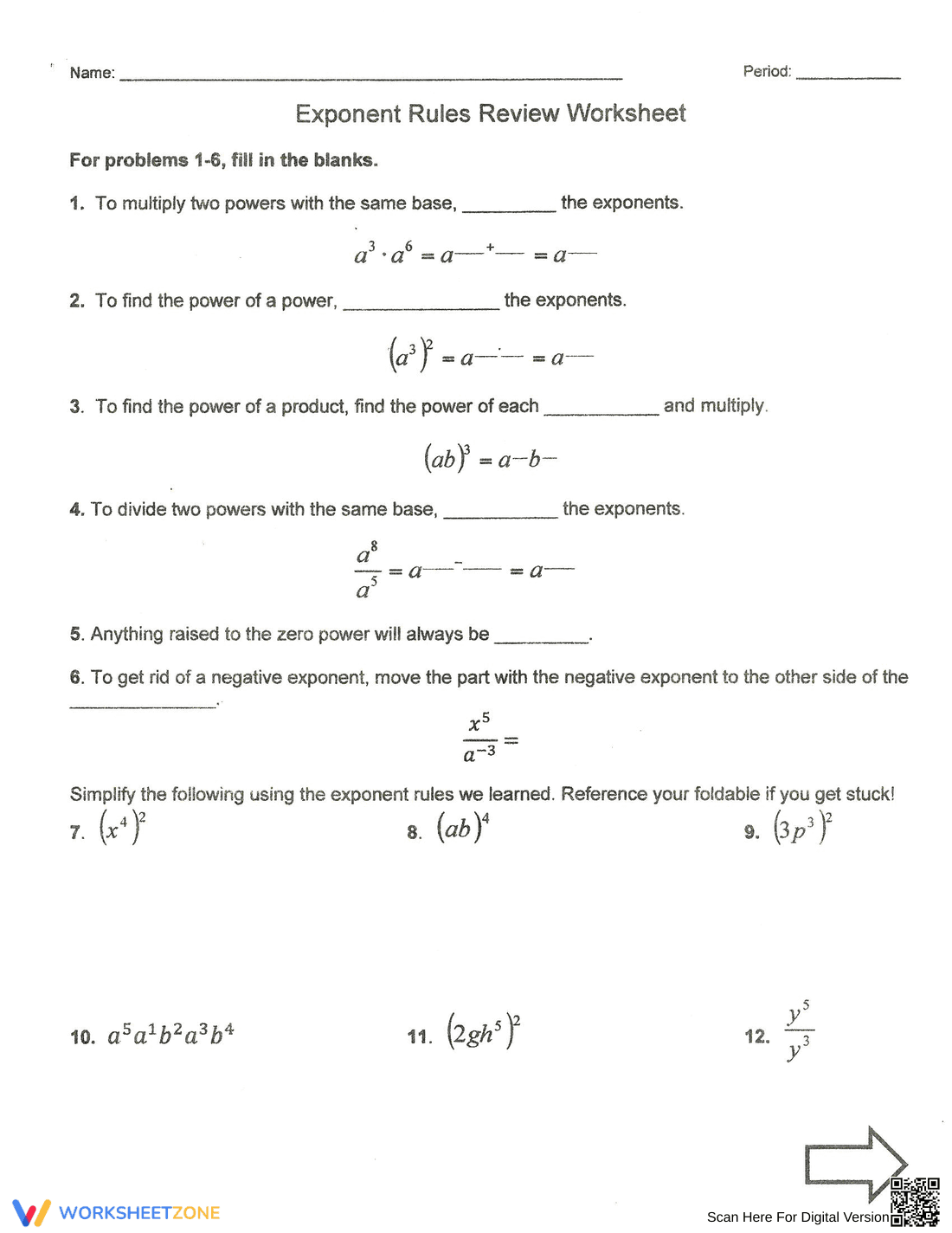 Exponent Rule Review Worksheet - Page 1