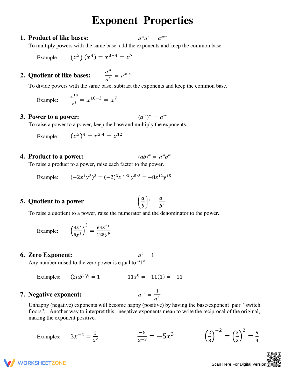 Exponent Properties Practice Sheet - Page 1