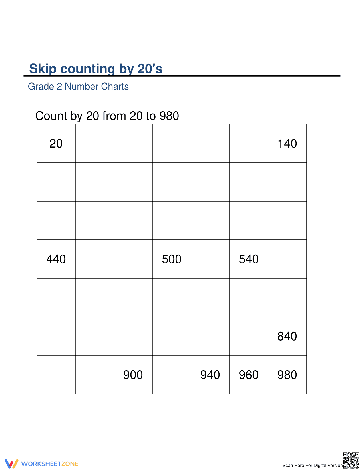 Counting by 20s Practice Worksheet - Page 1