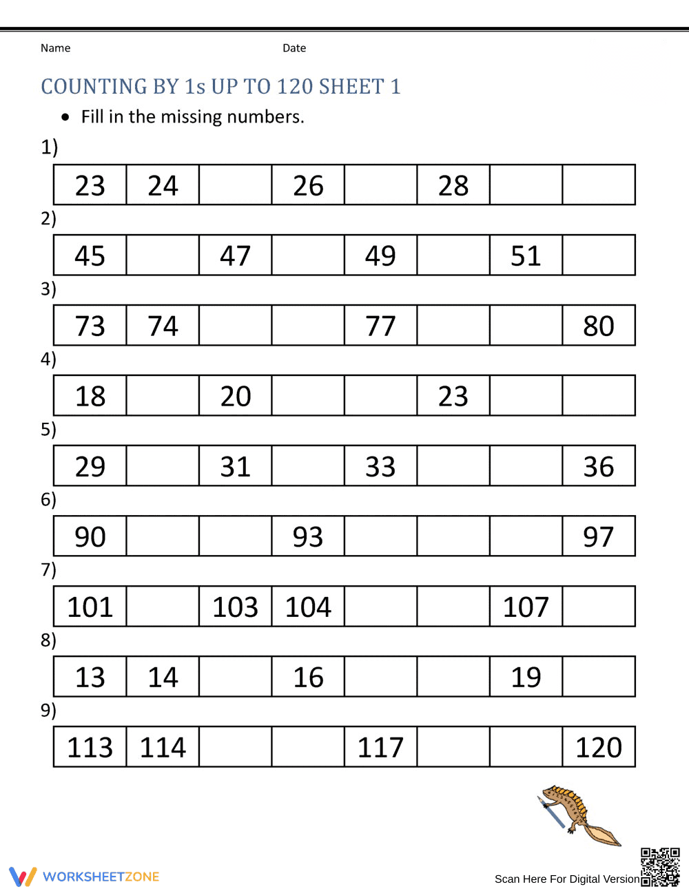 Counting Up to 120 Worksheet - Page 1