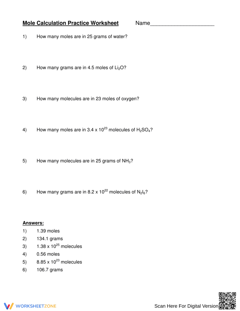 Mole Calculation Practice Worksheet - Page 1