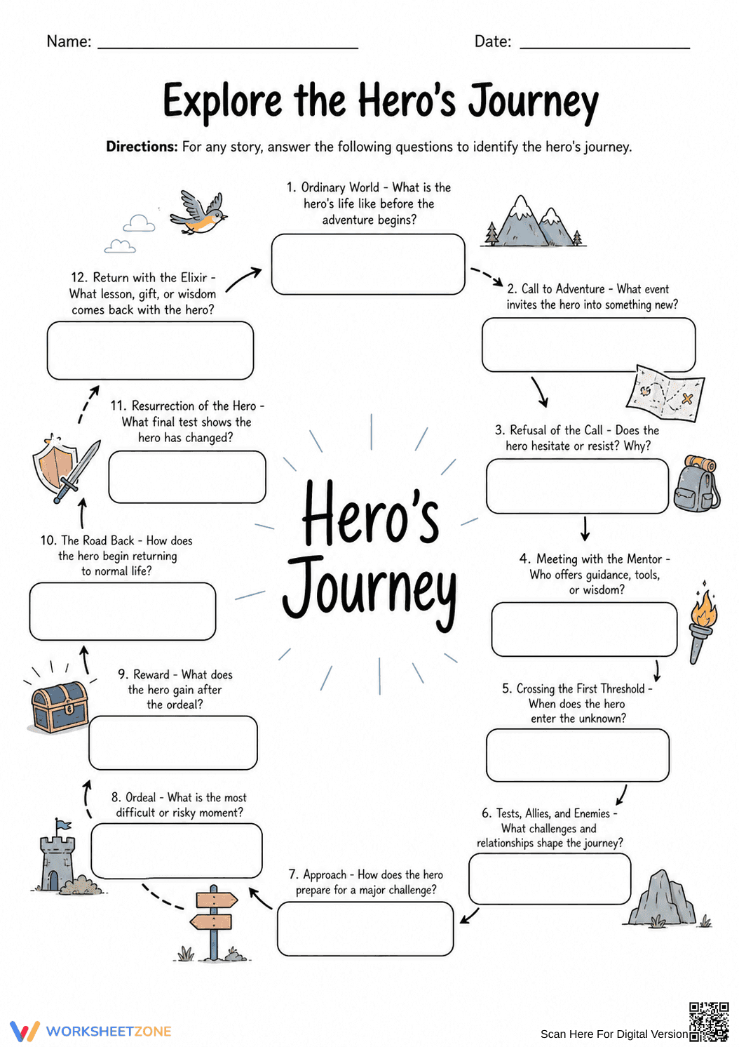 Grade 8 Hero's Journey — Printable No-Prep Worksheet - Page 1