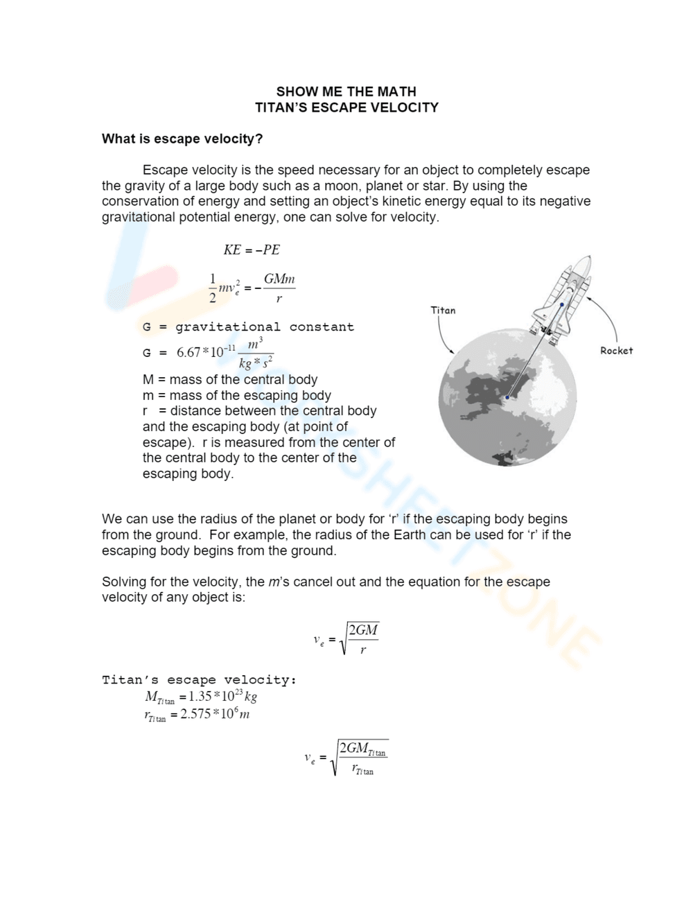 Understanding Escape Velocity Worksheet - Page 1