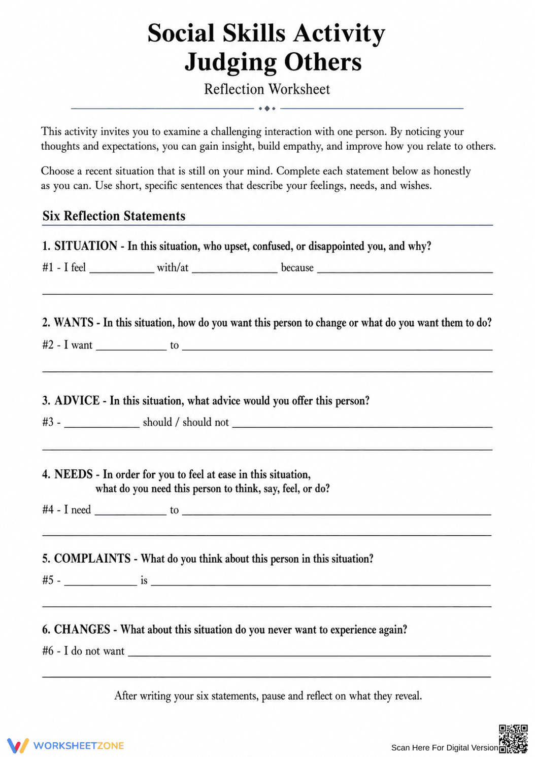 Printable Social Skills Worksheet | Grade 9-12 Reflection - Page 1