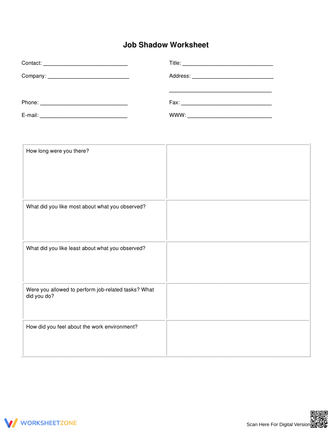 Job Shadow Worksheet: Career Exploration - Page 1