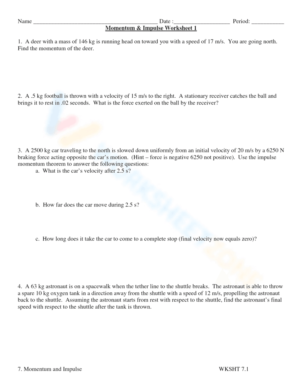Practice: Momentum and Impulse Worksheet - Page 1