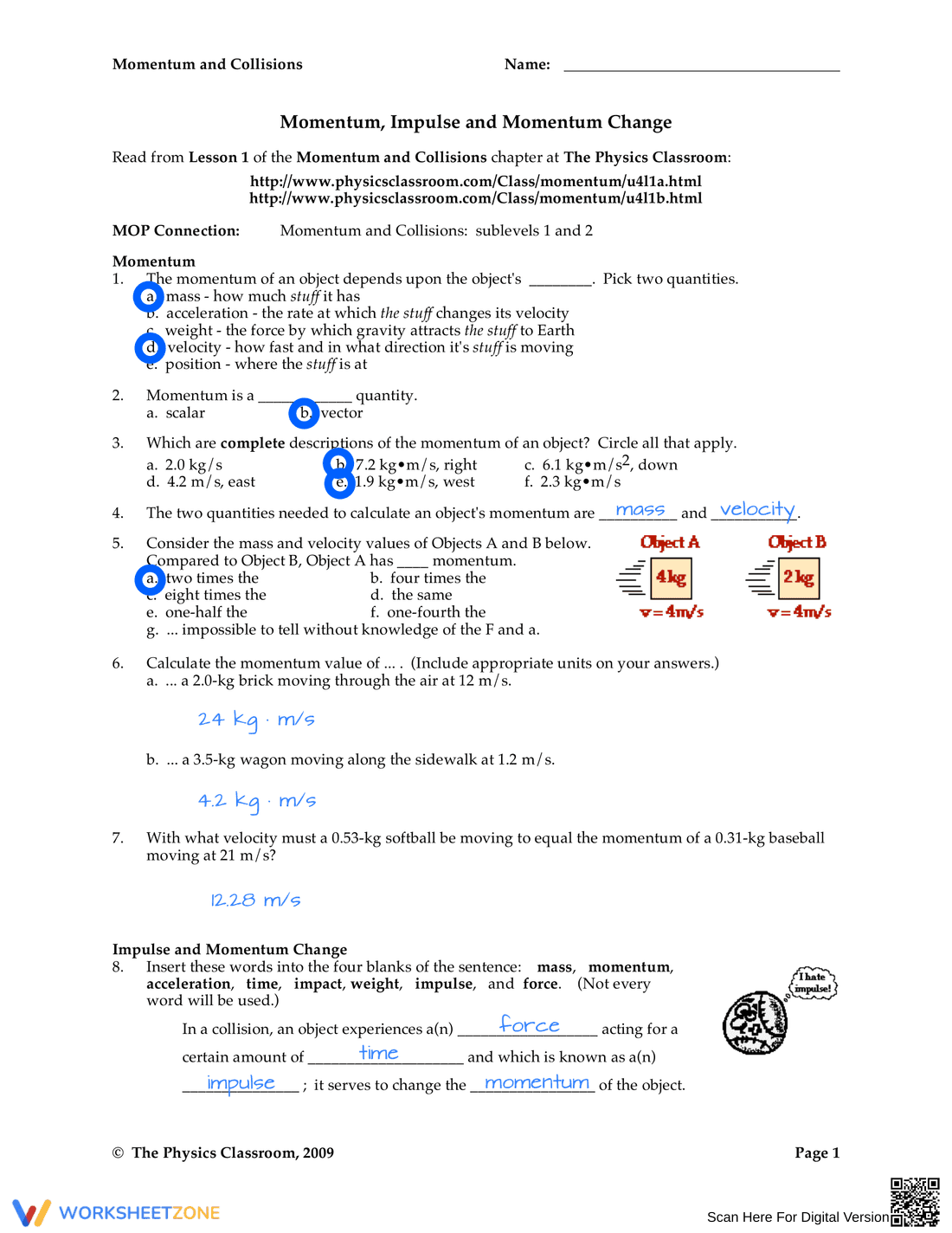 Momentum, Impulse, and Momentum Change Worksheet - Page 1
