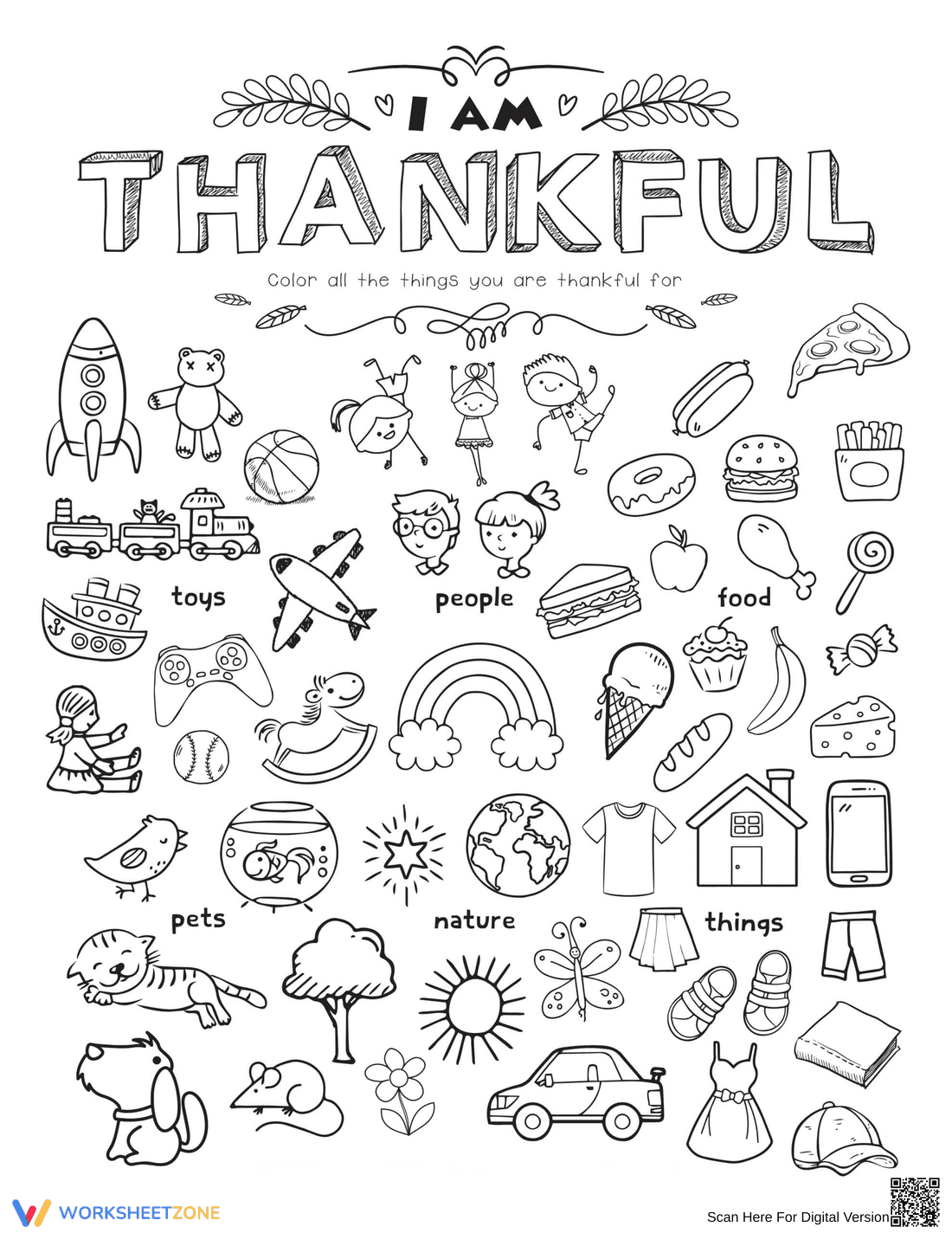 Printable Thankful Coloring Page: Grade 3-4 Gratitude - Page 1