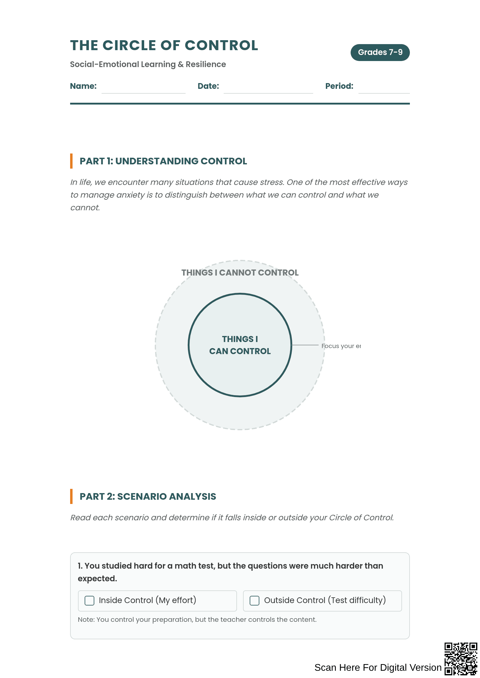Circle of Control Worksheet | Grade 7-9 Essential - Page 1