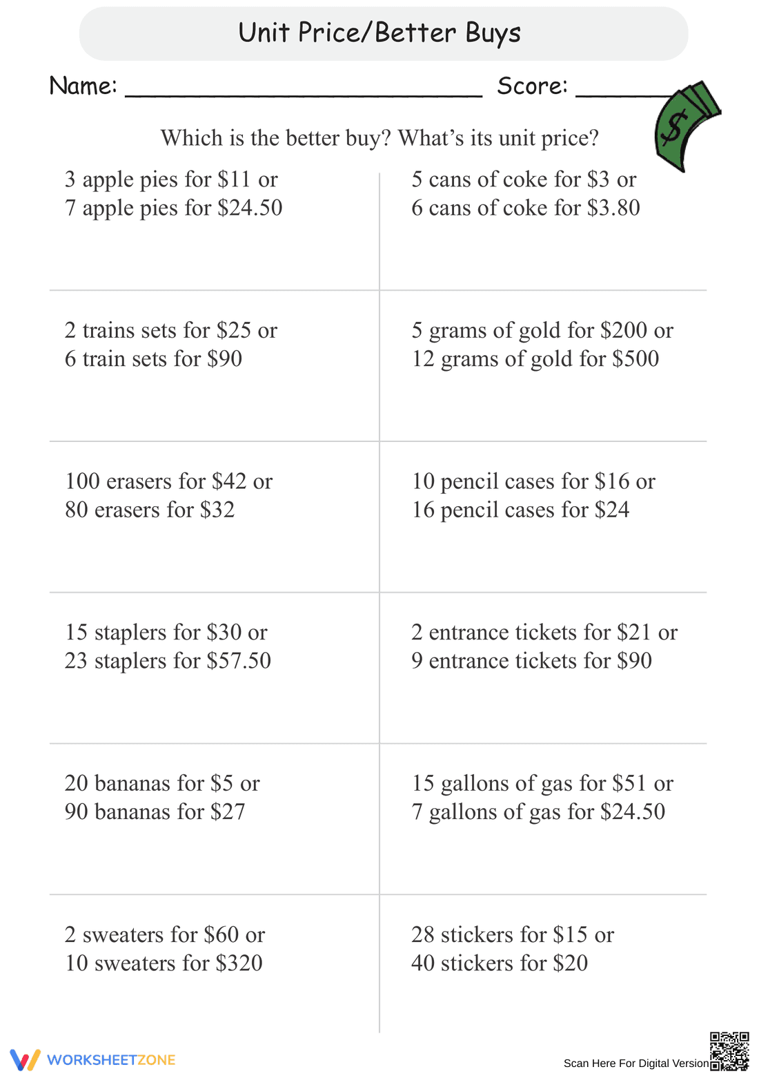 Comparing Better Buy Worksheet | Grade 7-9 Essential - Page 1