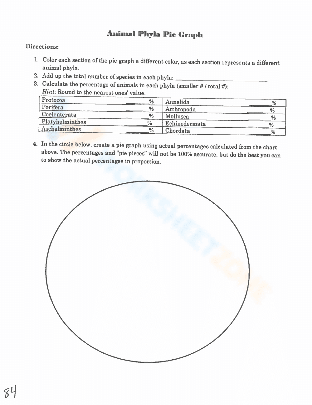 Animal Phyla Pie Graph Worksheet | Essential Grade 6-8 - Page 1