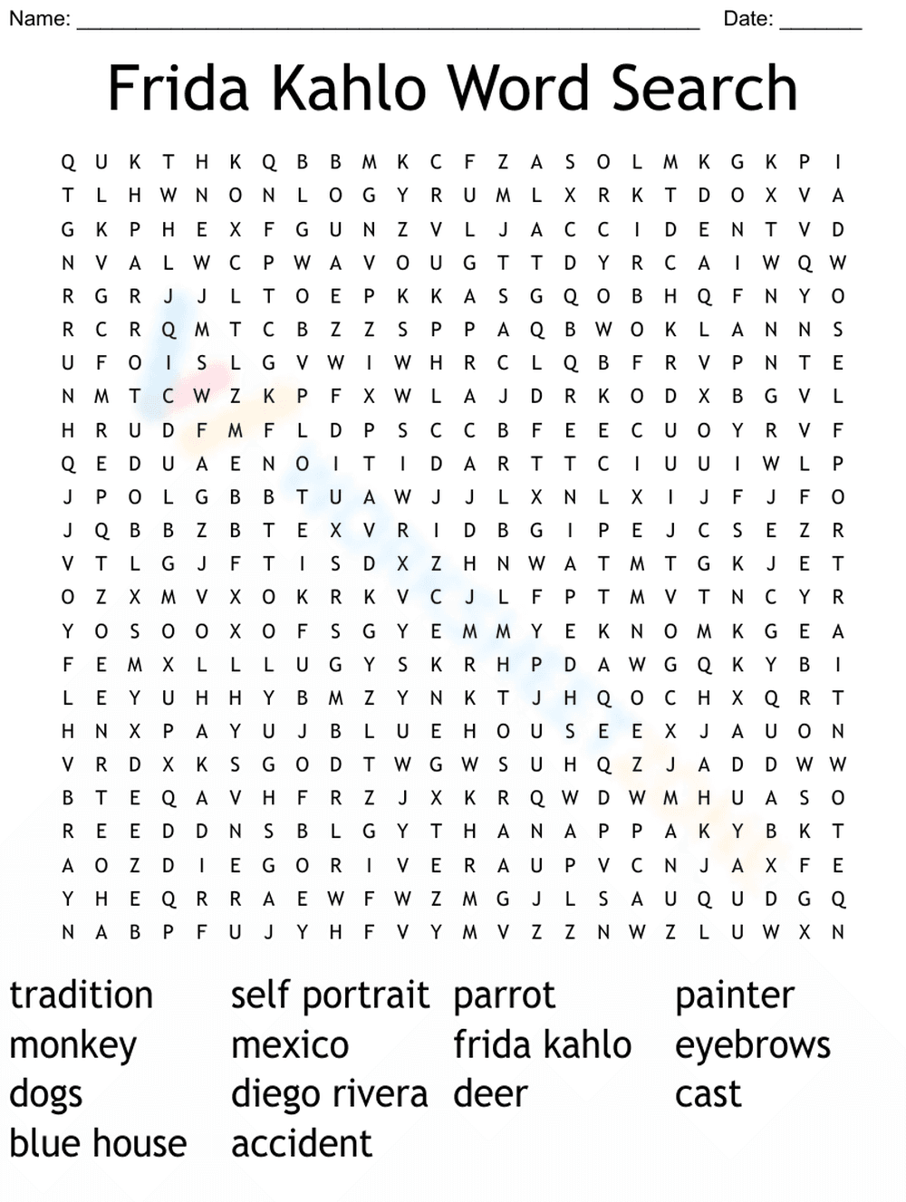 Frida Kahlo Word Search Puzzle - Page 1