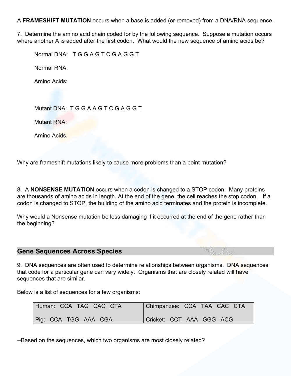 Investigation: DNA Proteins and Mutations - Page 1