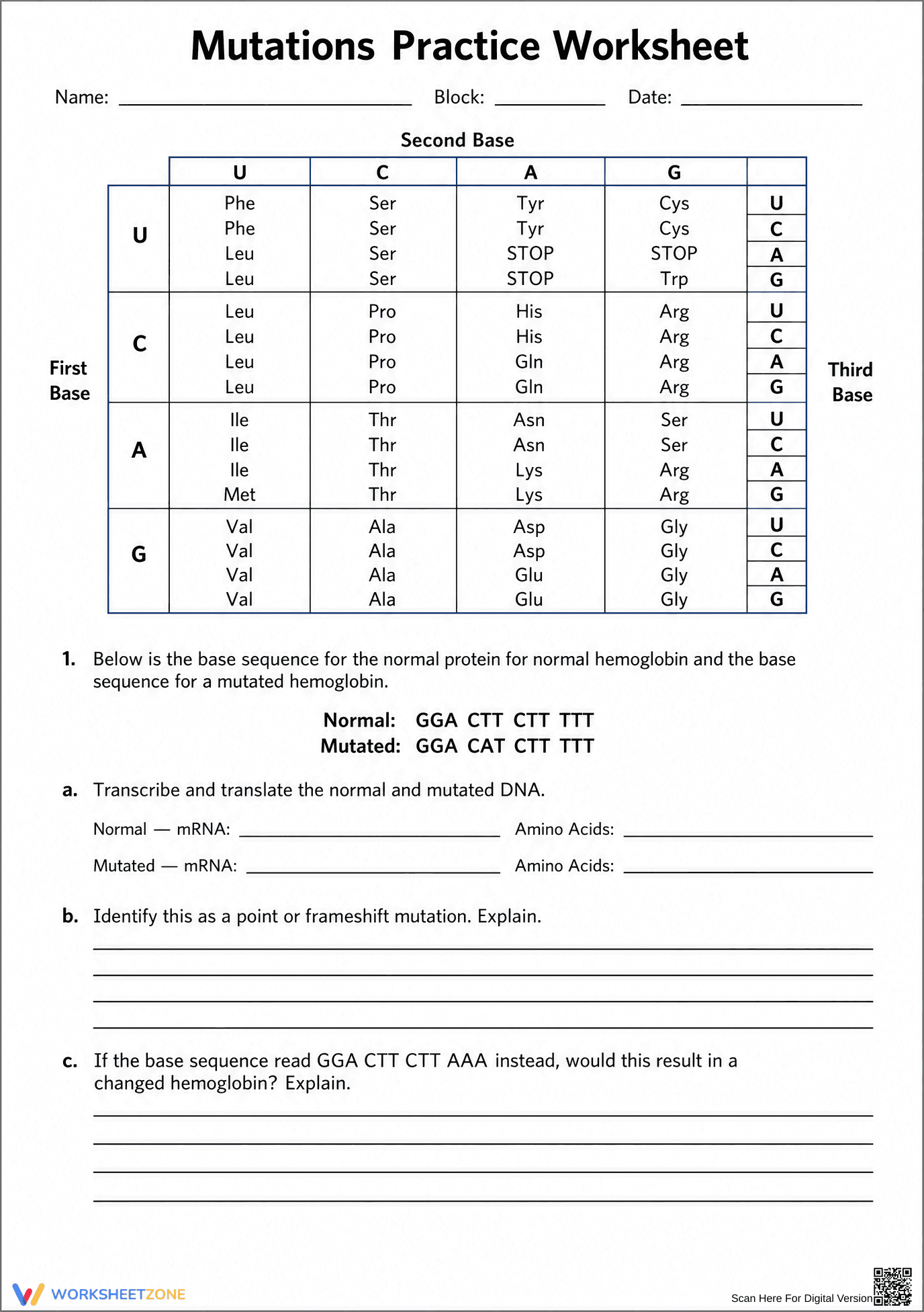 Printable DNA Mutations Worksheet | Grade 10 Biology - Page 1