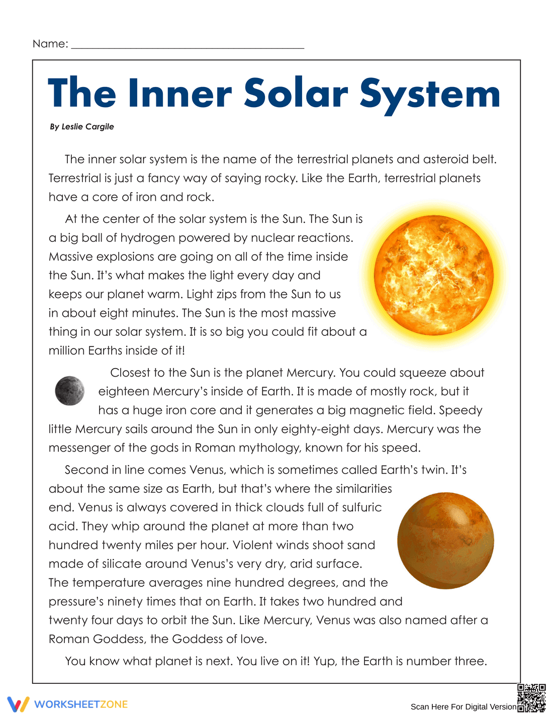 The Inner Solar System Worksheet - Page 1