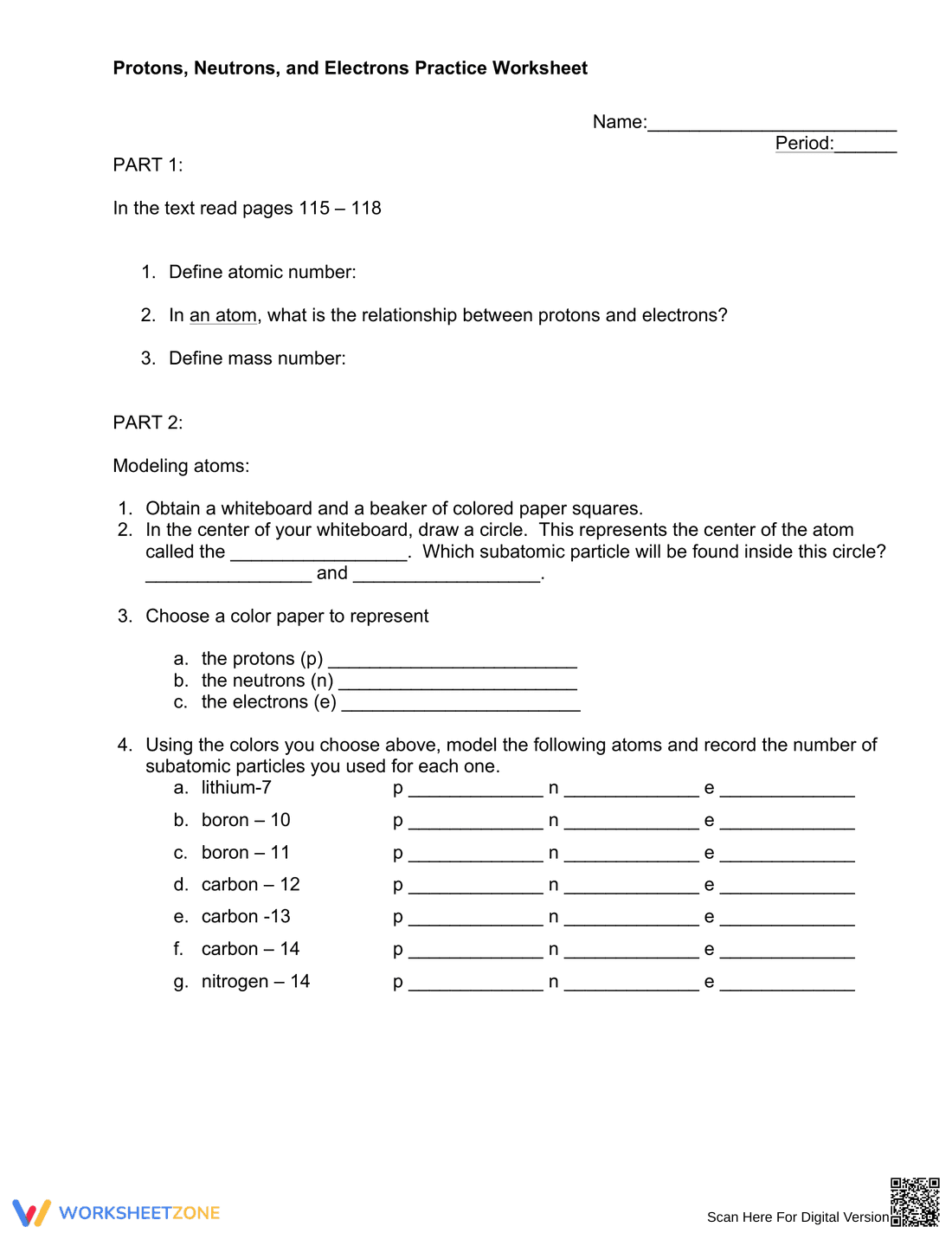 Protons, Neutrons, and Electrons Practice Worksheet - Page 1