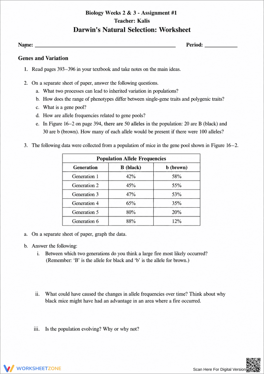 Natural Selection Worksheet | Essential Grade 9-12 Biology - Page 1