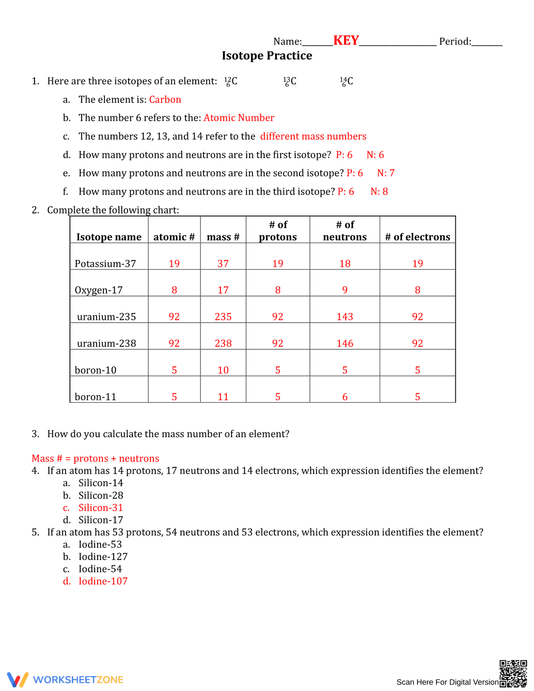 Isotope Practice: Chemistry Worksheet - Page 1
