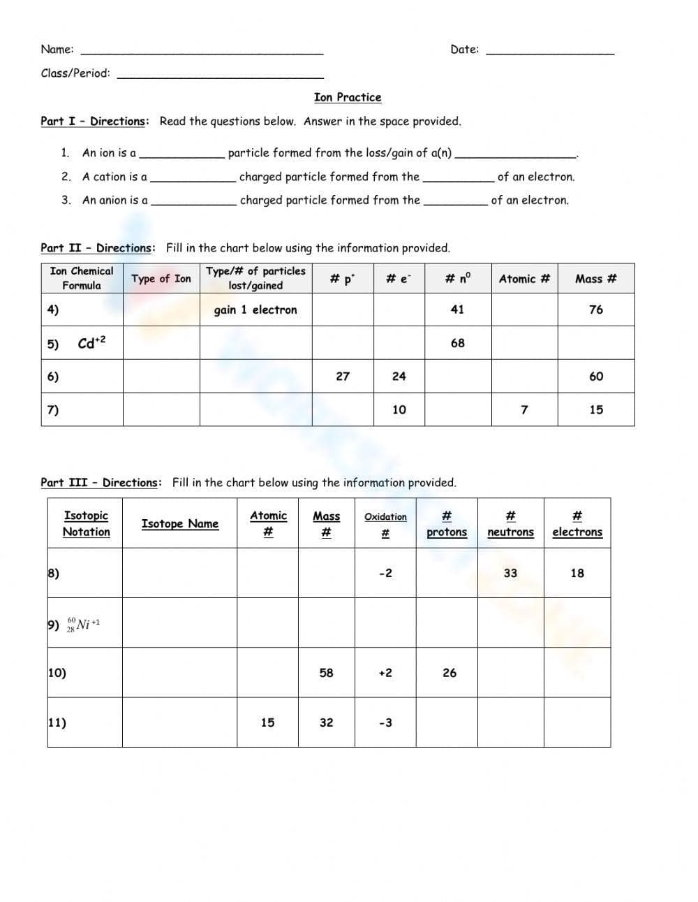 Ion and Charged Isotope Practice Worksheet - Page 1