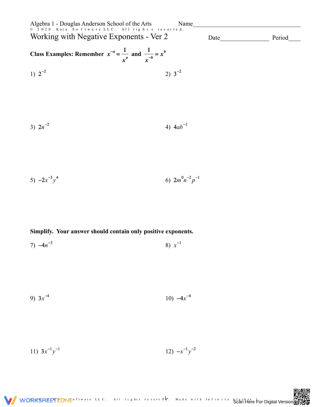 Working with Negative Exponents Worksheet - Page 1