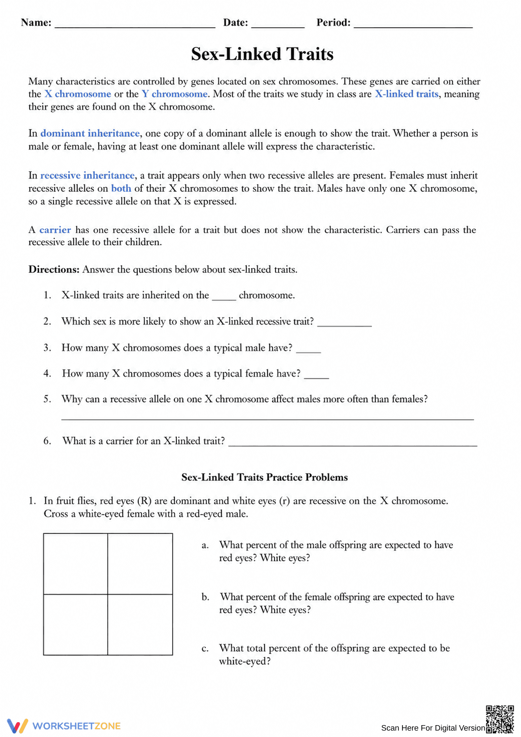 Sex-Linked Traits Practice | Essential Grade 9-12 Biology - Page 1