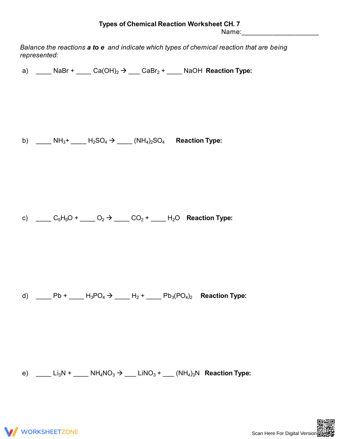 Types of Chemical Reactions Worksheet - Page 1